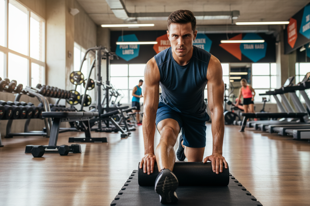 a man in his 20s, using a foam roller to stretch his calf muscles out, gym atmosphere, sweat rolling down, great vibes.